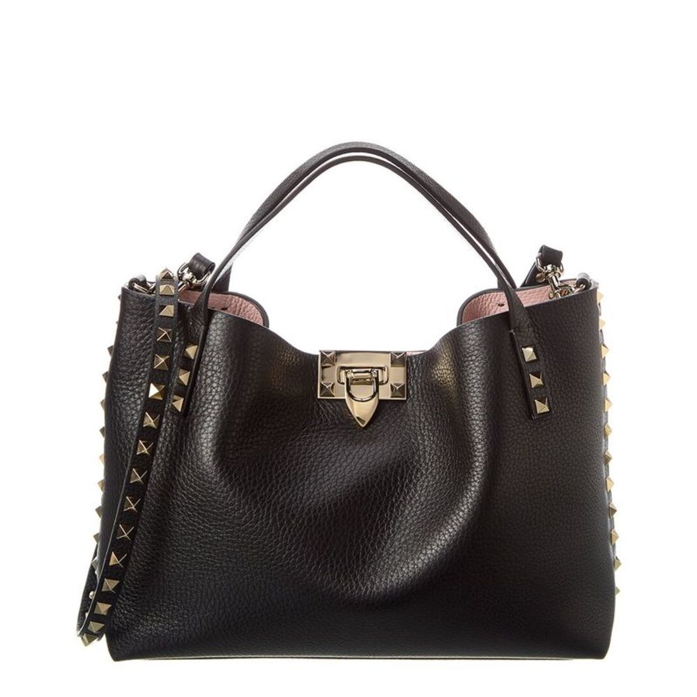 Valentino Rockstud Small Grainy Leather Tote, black/silver hardware